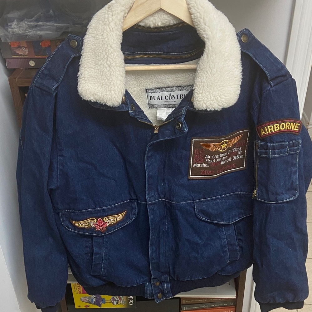 Vintage 1980’s Dual Control Denim Navy Sherpa Collar Bomber Jacket